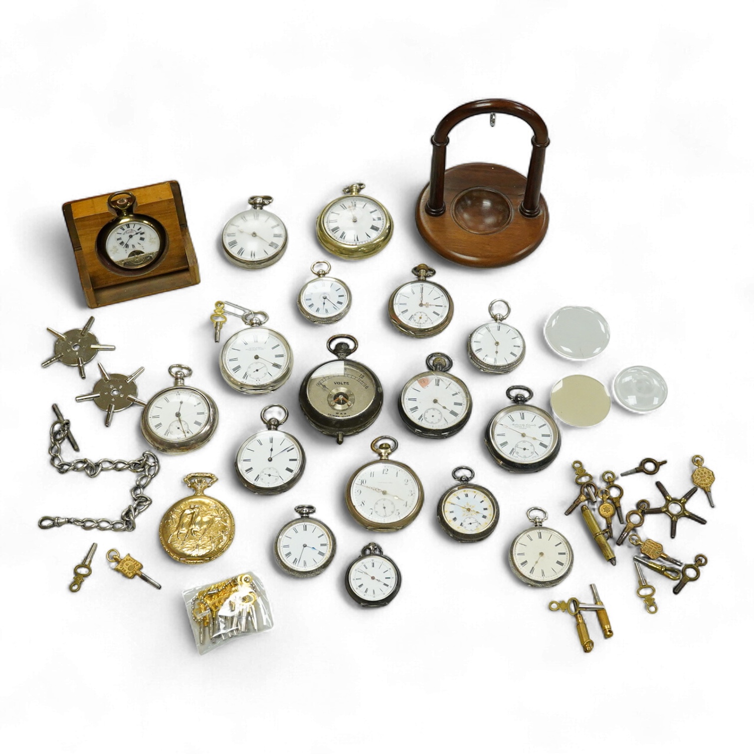 Five assorted early 20th century silver open faced fob watches, eight other continental white metal pocket and fob watches including two retailed by Kendall & Dent, four base metal pocket watches including cased Hebdomas